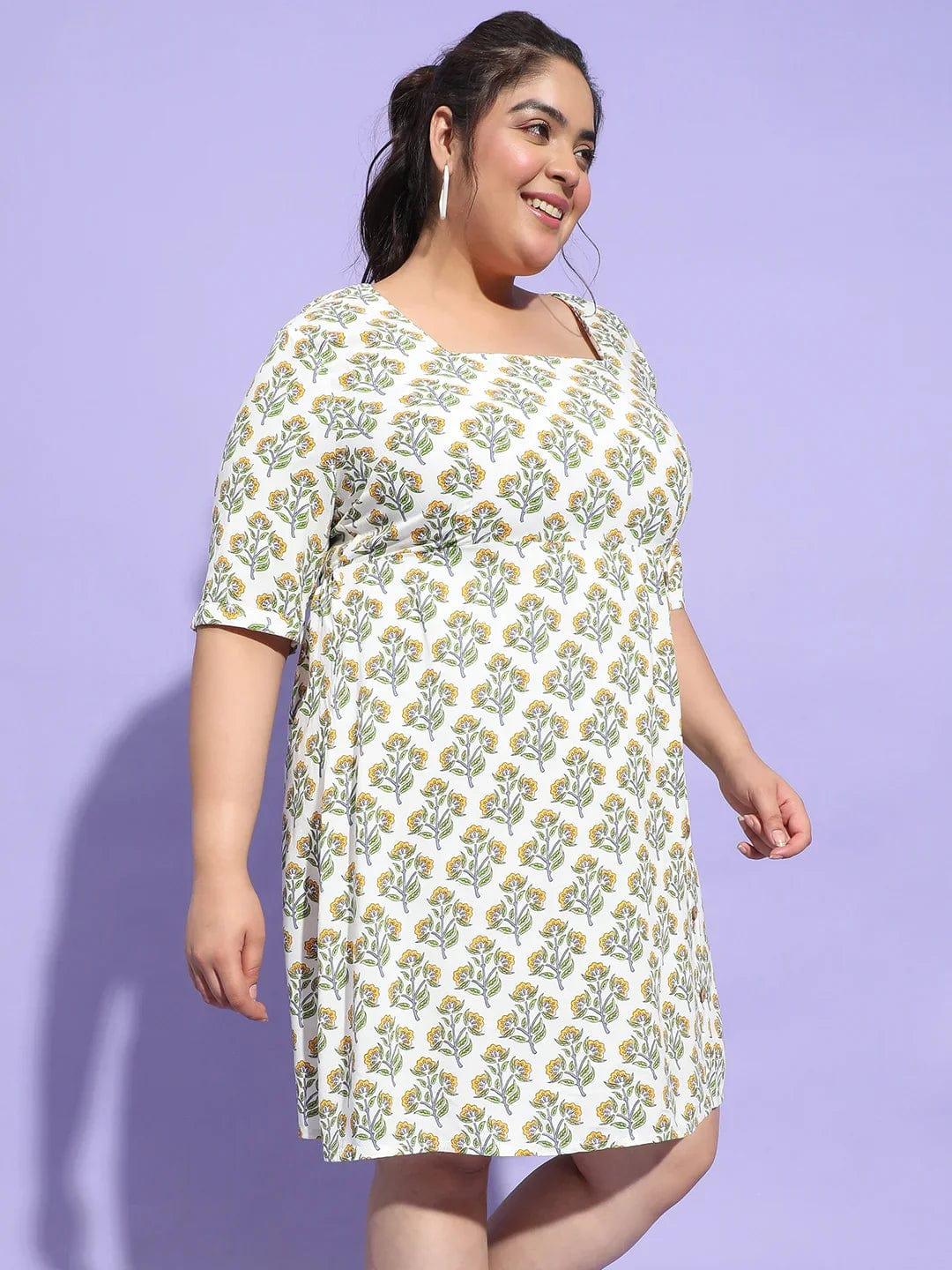 Esthetic Multicolor Floral Print Button Plus Size Curvy Dress