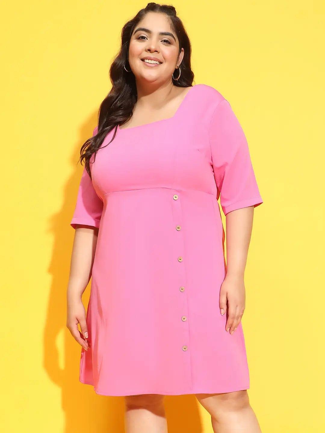 Sublime Pink Button Detailed Square Neck Plus Size Curvy Dress