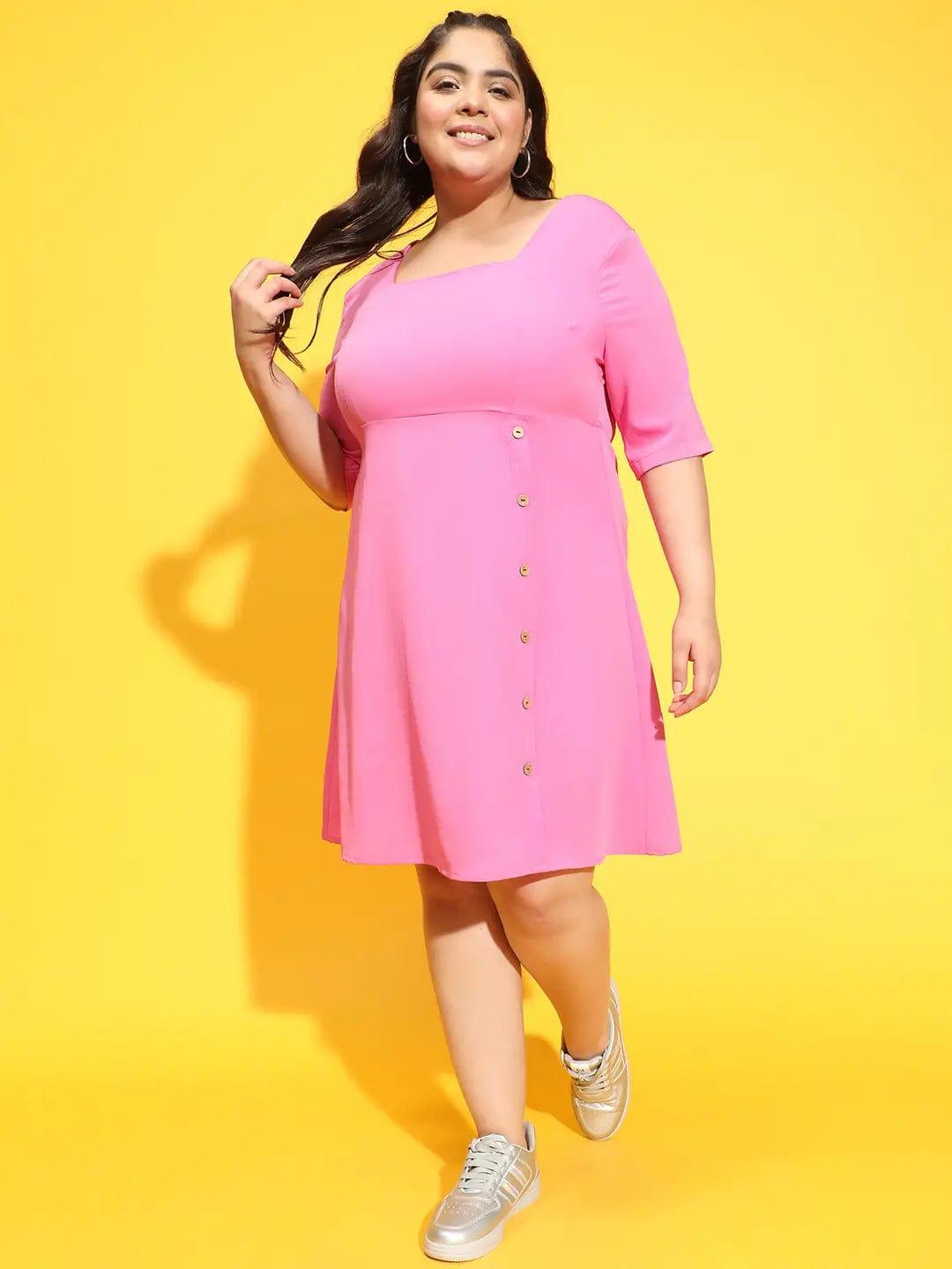 Sublime Pink Button Detailed Square Neck Plus Size Curvy Dress