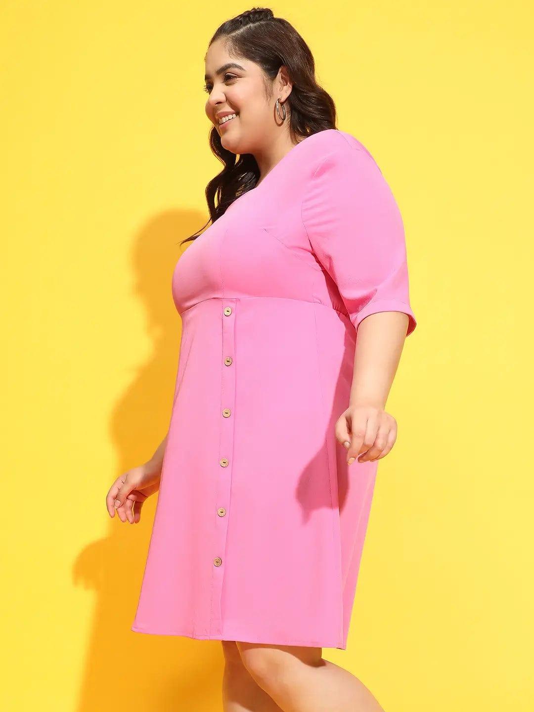 Sublime Pink Button Detailed Square Neck Plus Size Curvy Dress