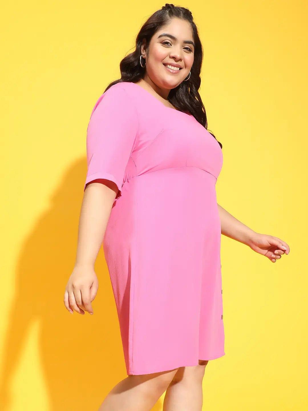 Sublime Pink Button Detailed Square Neck Plus Size Curvy Dress