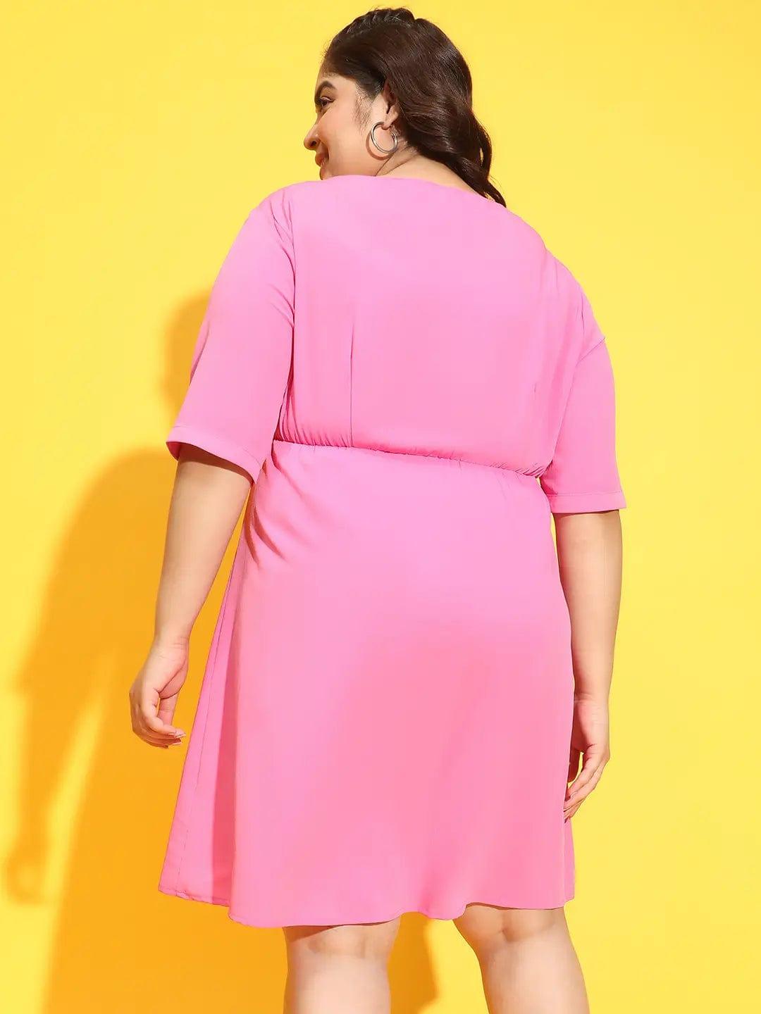 Sublime Pink Button Detailed Square Neck Plus Size Curvy Dress