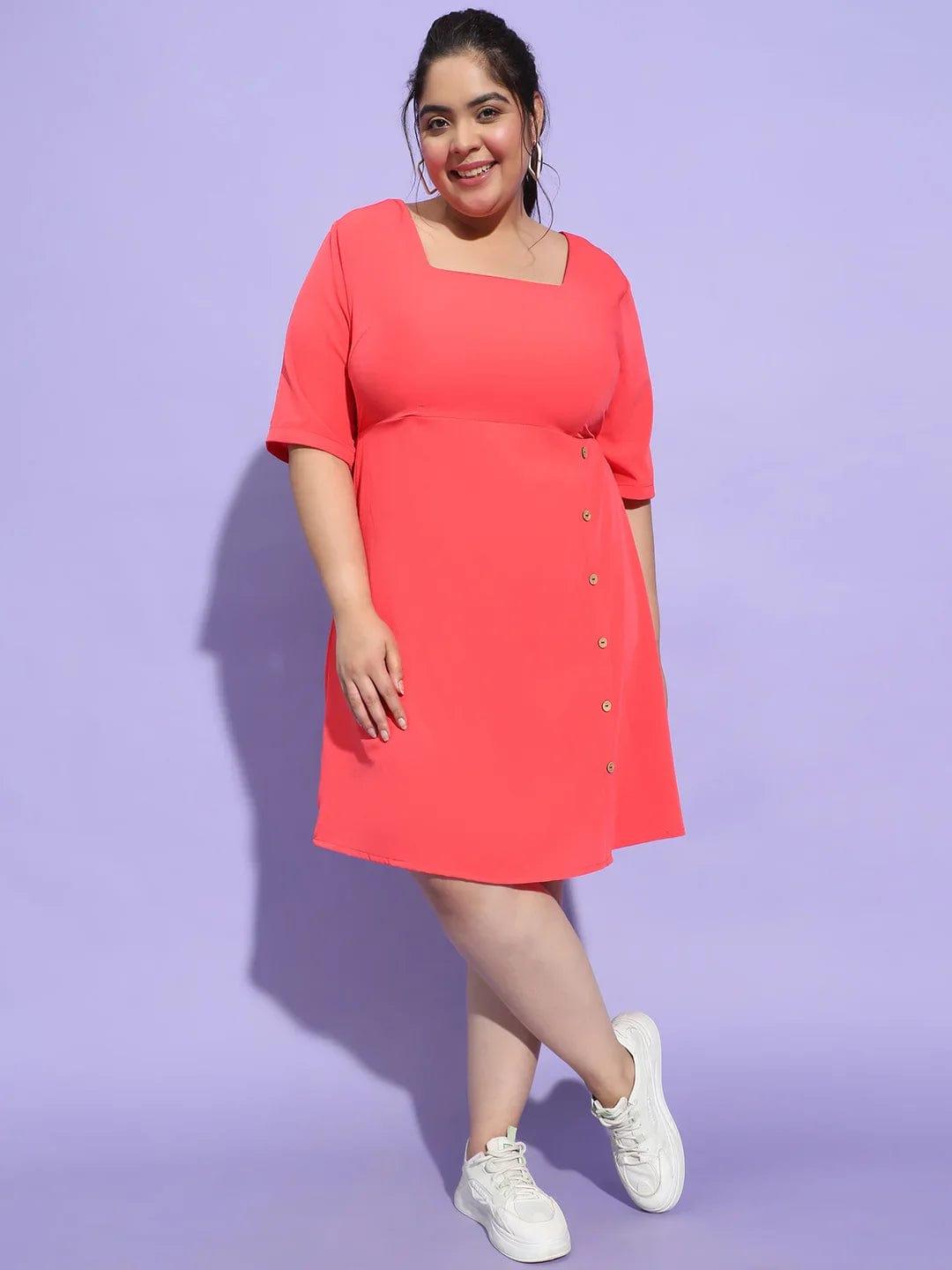 Striking Red Button Detailed Square Neck Plus Size Curvy Dress