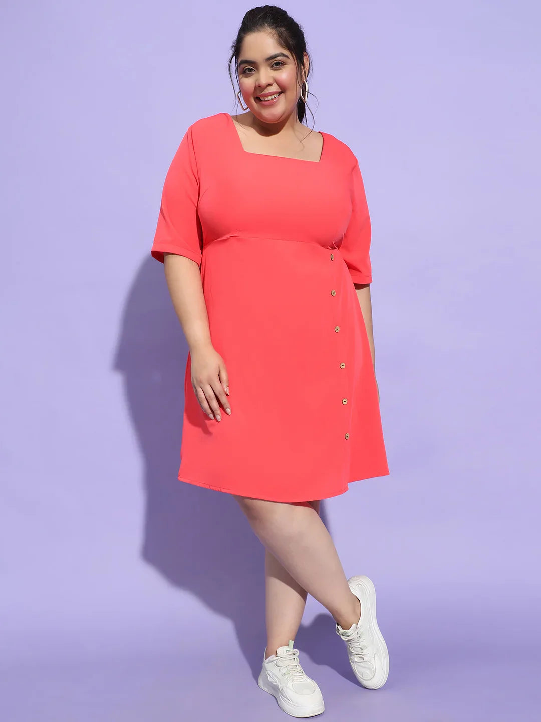 Striking Red Button Detailed Square Neck Plus Size Dress