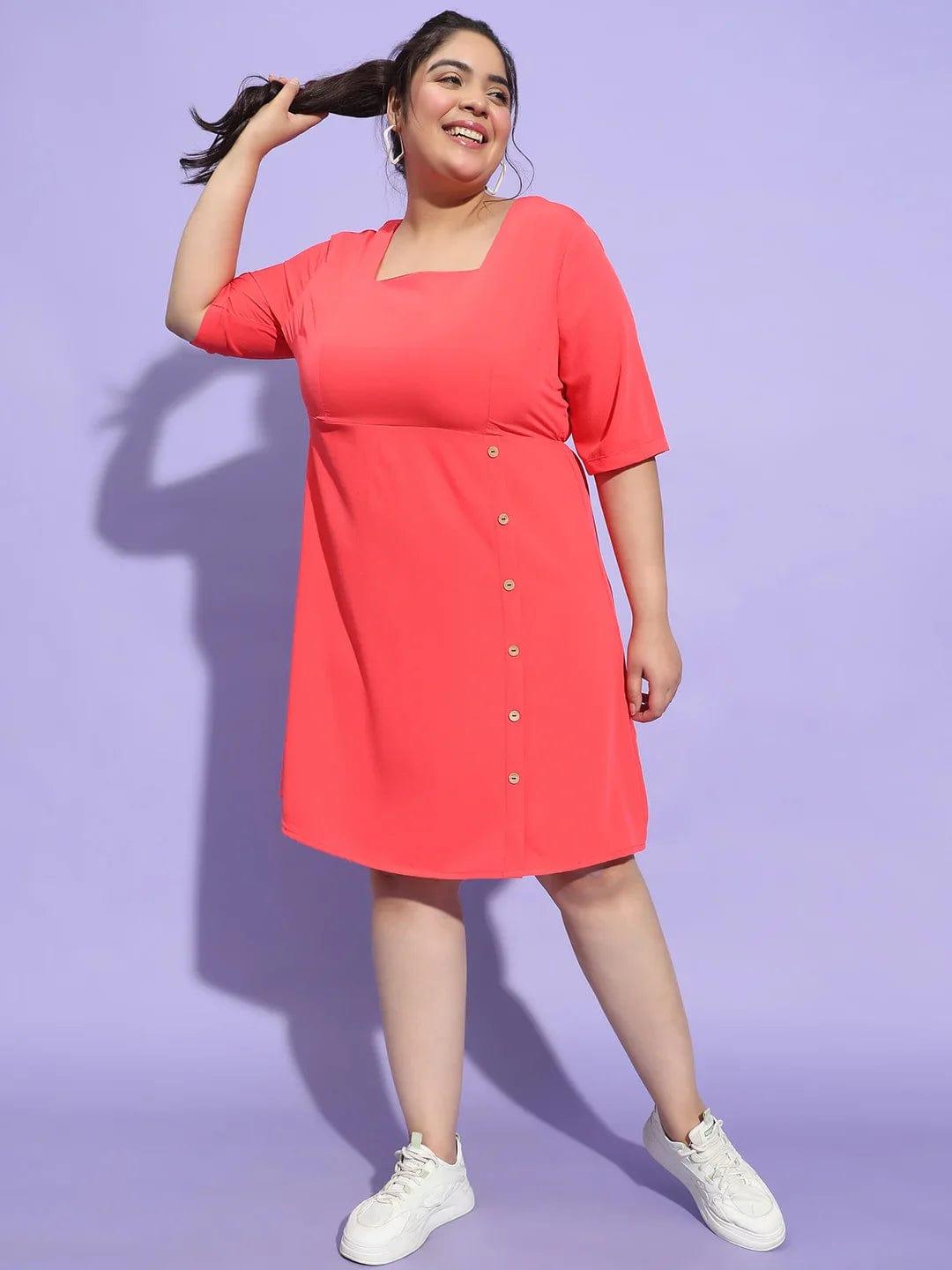 Striking Red Button Detailed Square Neck Plus Size Curvy Dress