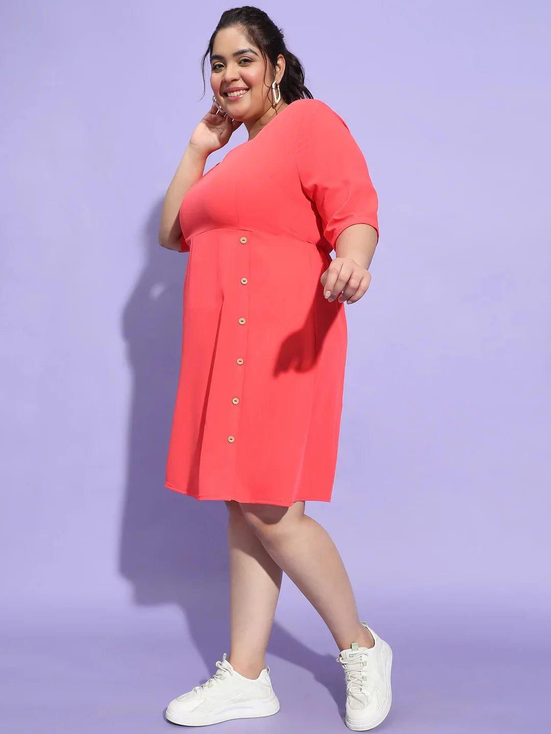 Striking Red Button Detailed Square Neck Plus Size Curvy Dress