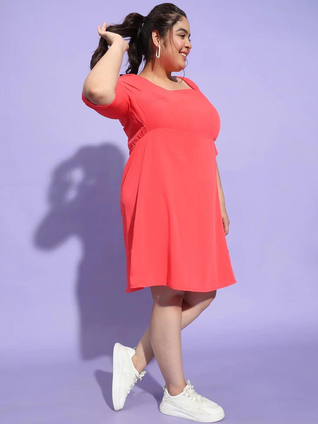 Striking Red Button Detailed Square Neck Plus Size Curvy Dress