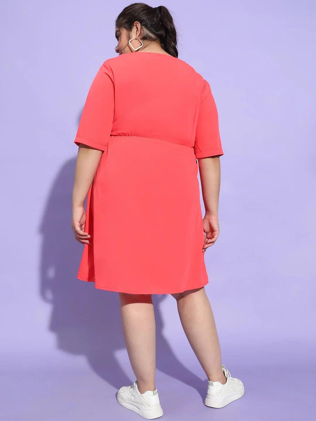 Striking Red Button Detailed Square Neck Plus Size Curvy Dress