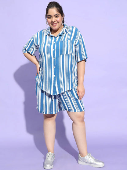 Blue Stripe Print Shirt and Shorts Plus Size Set