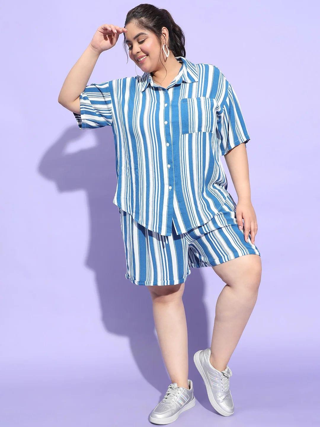 Blue Stripe Print Shirt and Shorts Plus Size Co-Ord Set