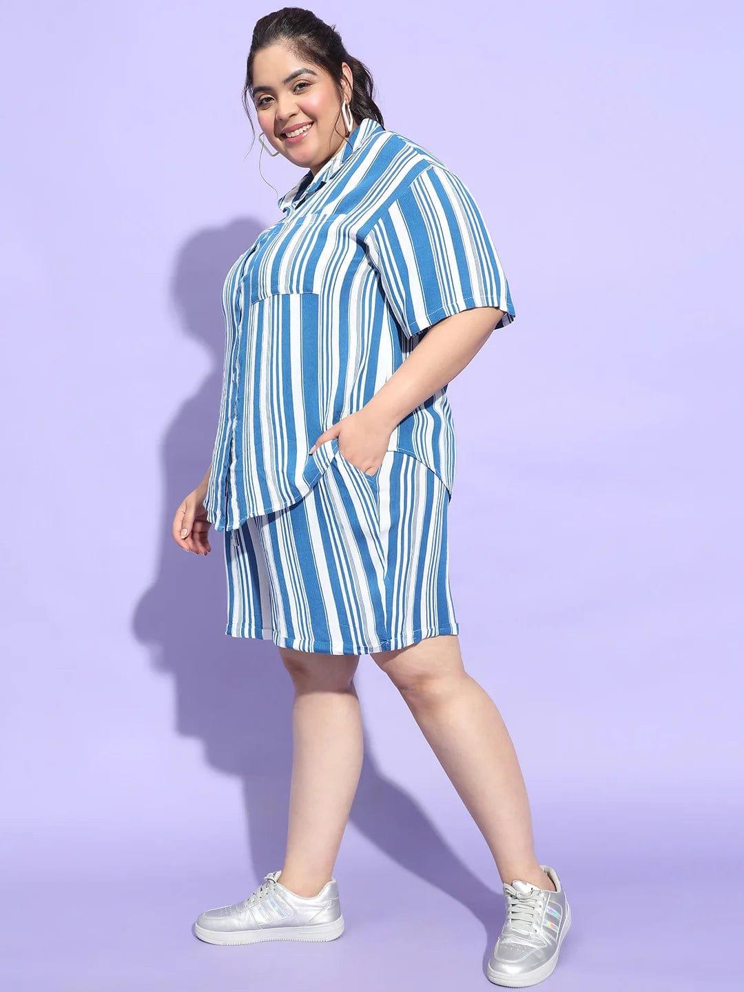 Blue Stripe Print Shirt and Shorts Plus Size Co-Ord Set