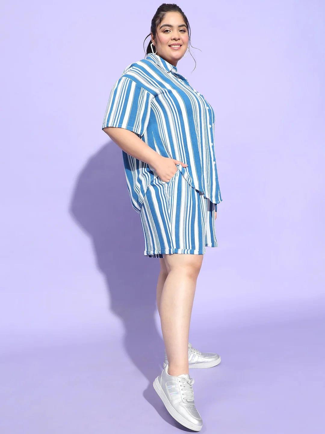 Blue Stripe Print Shirt and Shorts Plus Size Co-Ord Set