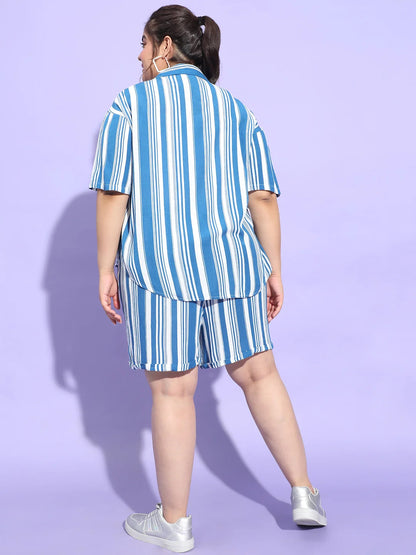 Blue Stripe Print Shirt and Shorts Plus Size Set