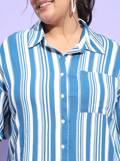 Blue Stripe Print Shirt and Shorts Plus Size Set