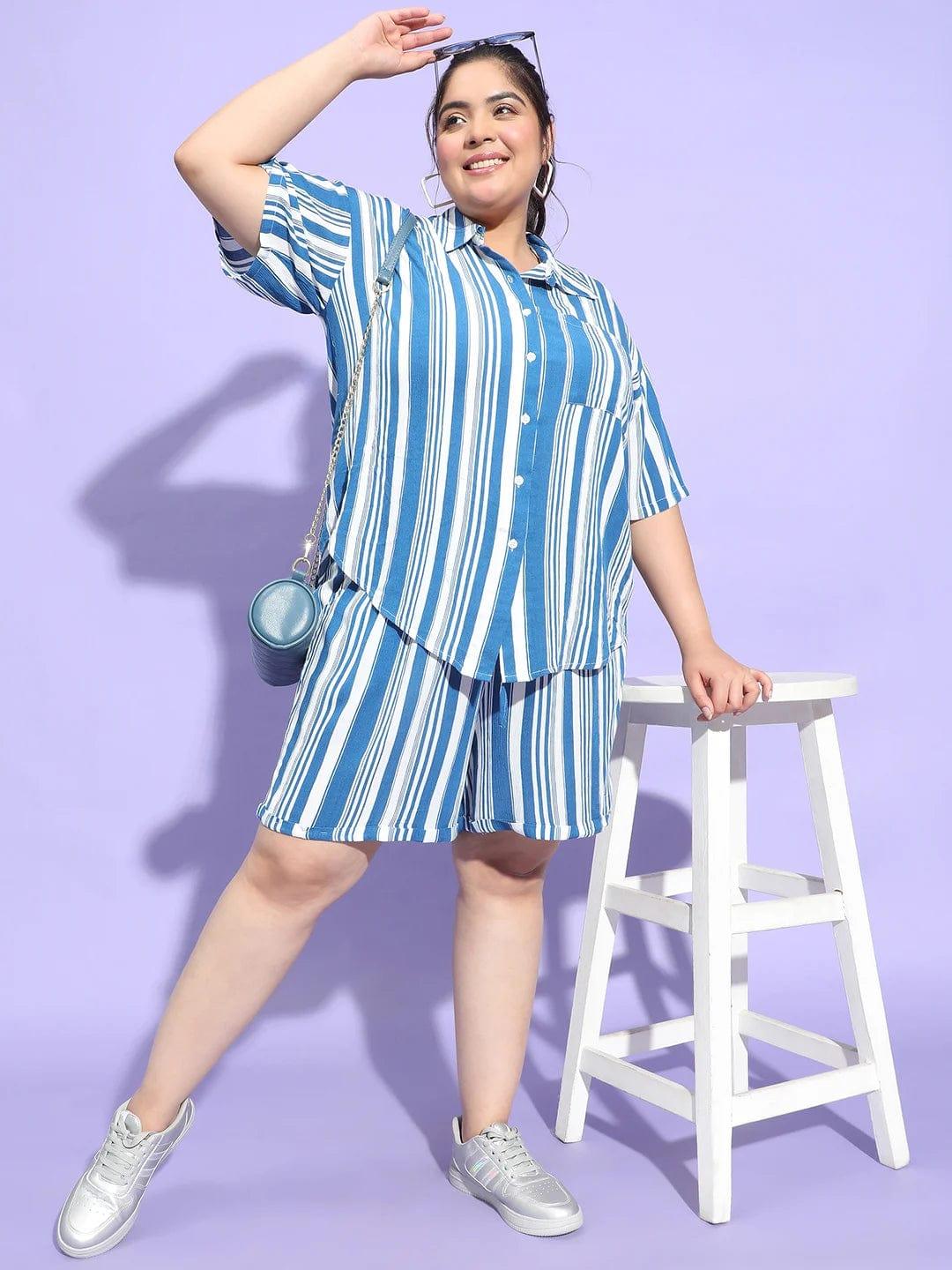 Blue Stripe Print Shirt and Shorts Plus Size Co-Ord Set