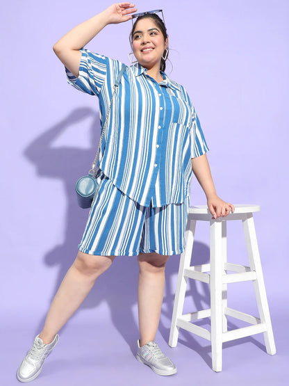 Blue Stripe Print Shirt and Shorts Plus Size Set