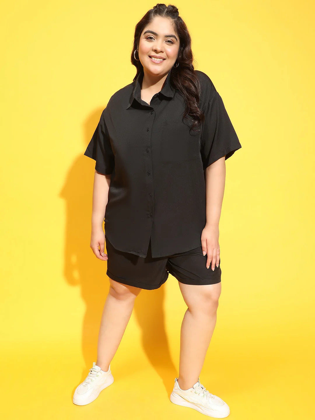 Maven Solid Black Shirt and Shorts Plus Size Set