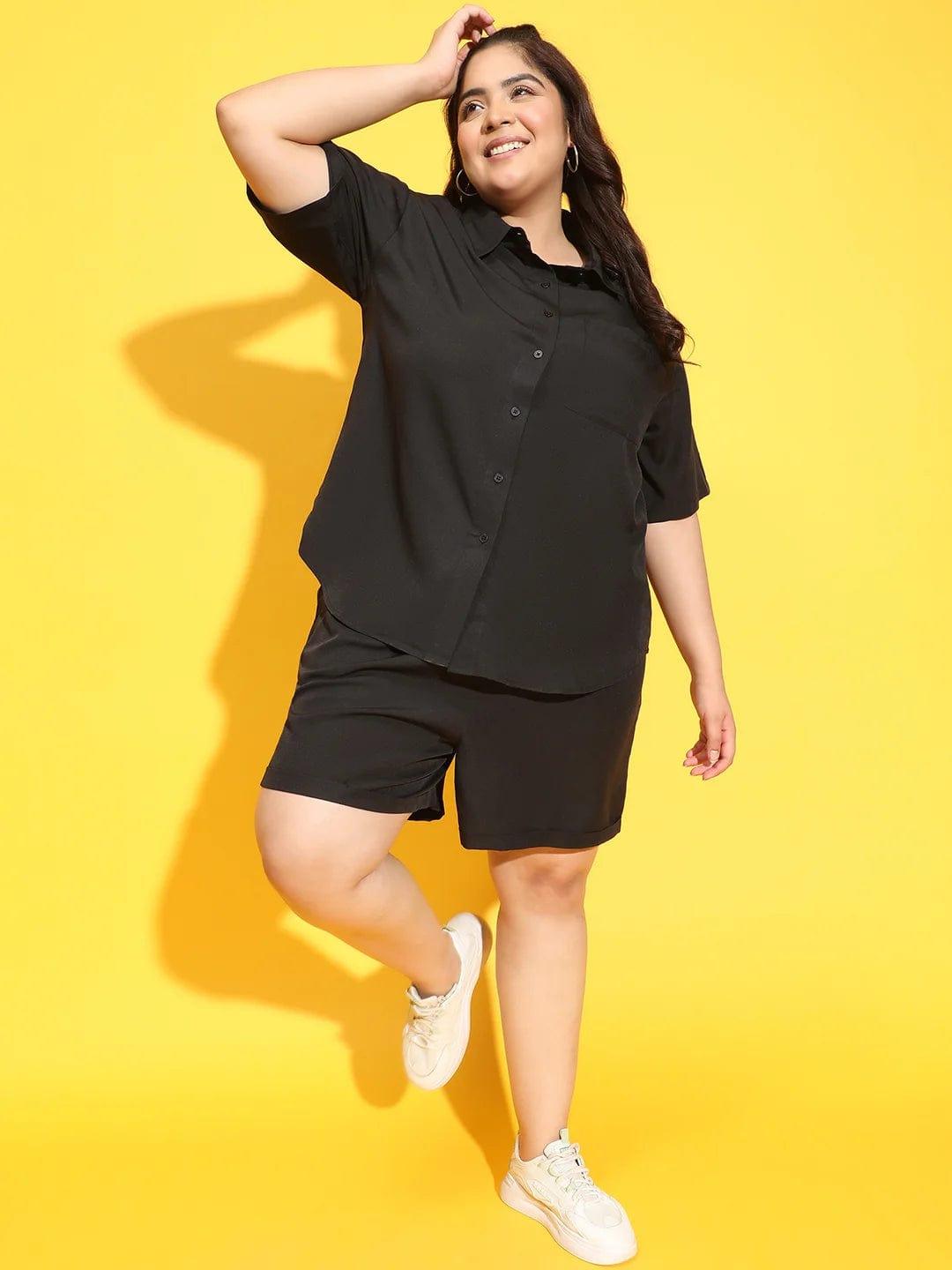 Maven Solid Black Shirt and Shorts Plus Size Co-Ord Set