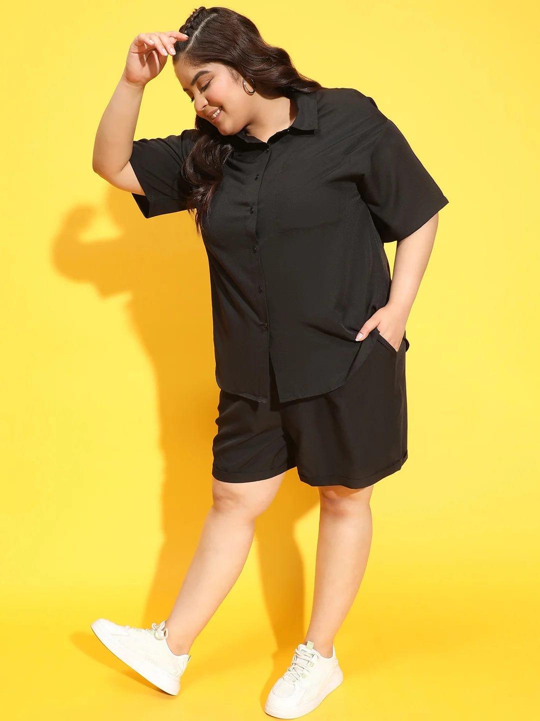 Maven Solid Black Shirt and Shorts Plus Size Co-Ord Set