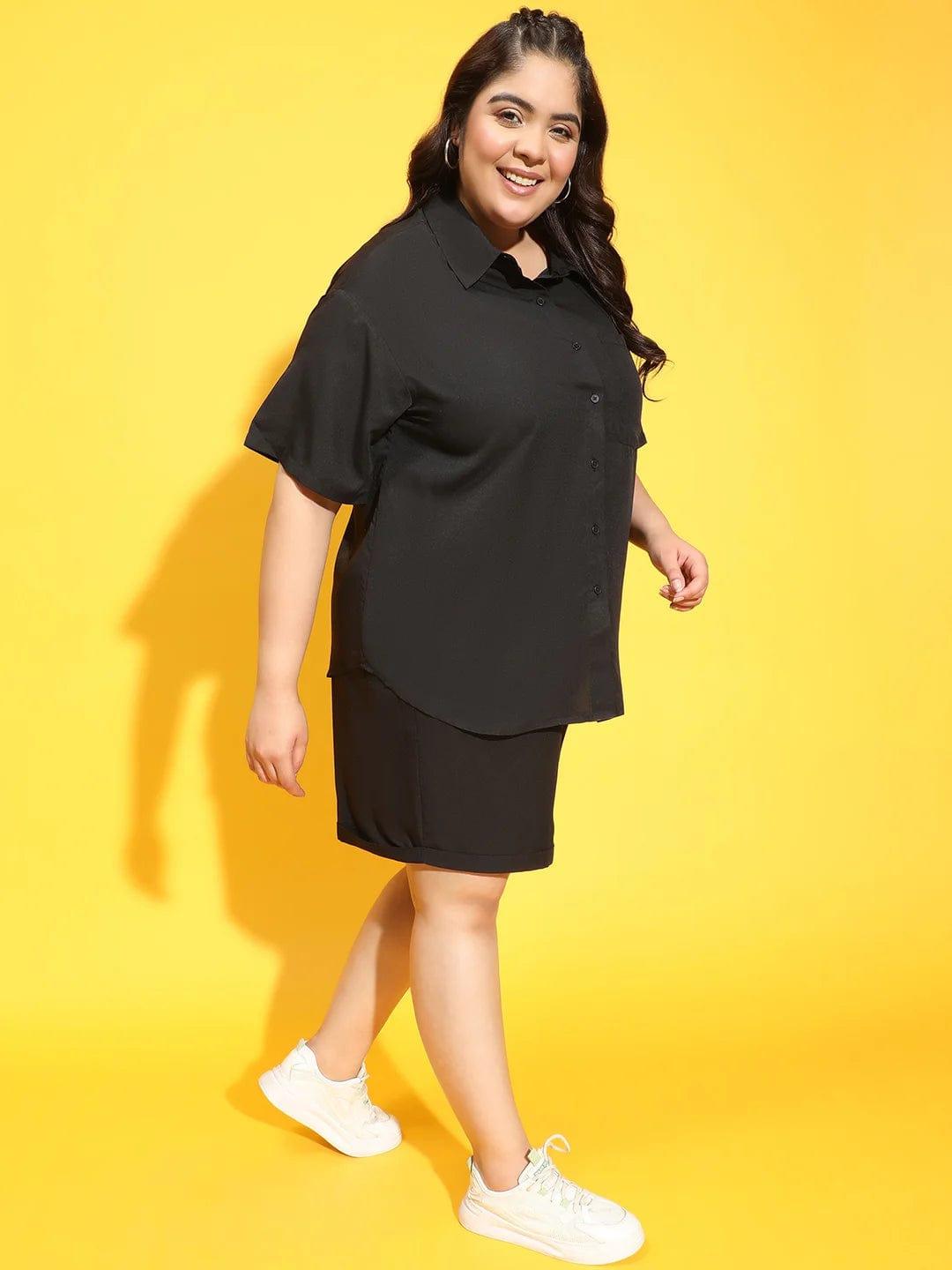 Maven Solid Black Shirt and Shorts Plus Size Co-Ord Set