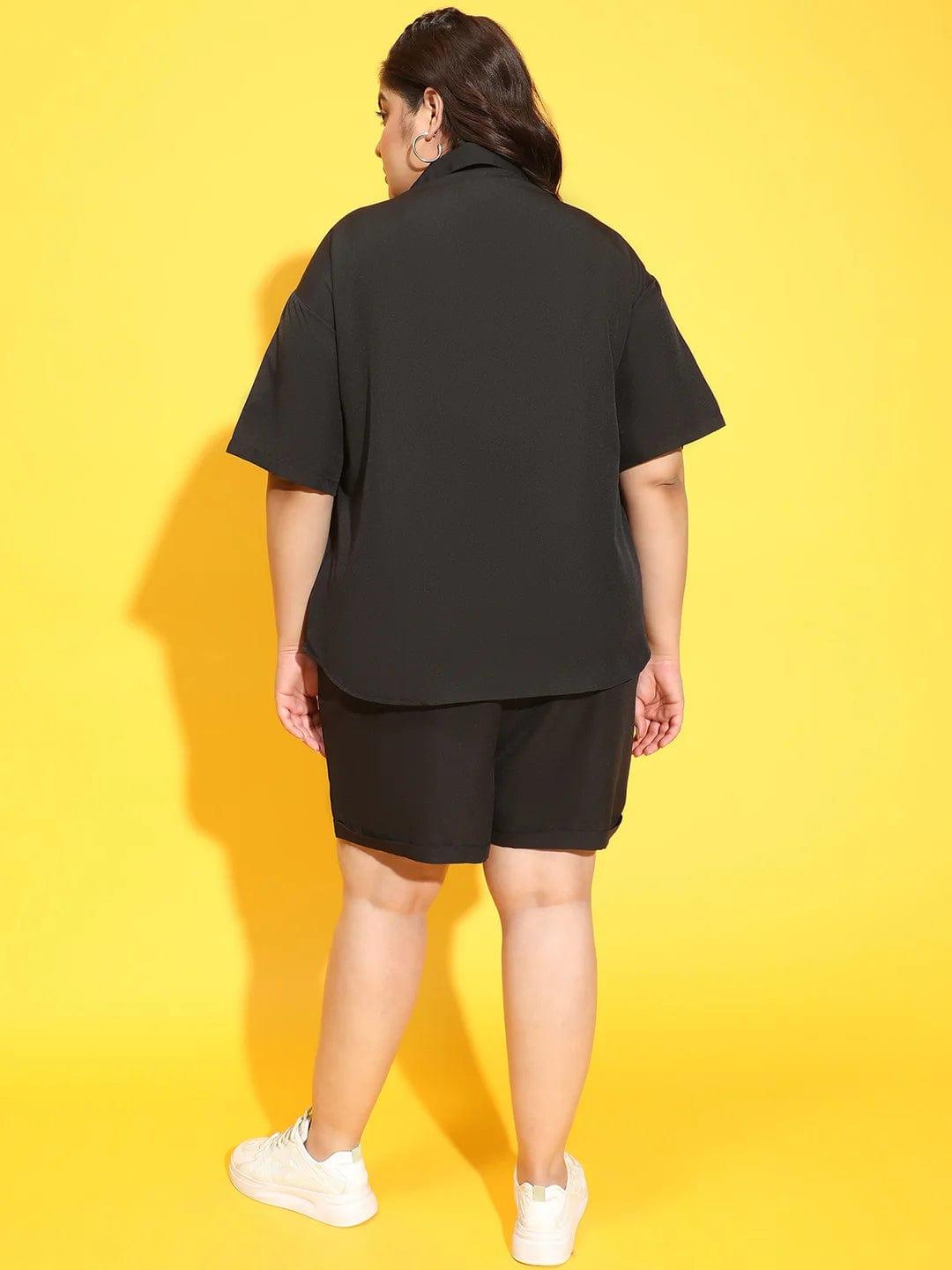 Maven Solid Black Shirt and Shorts Plus Size Co-Ord Set