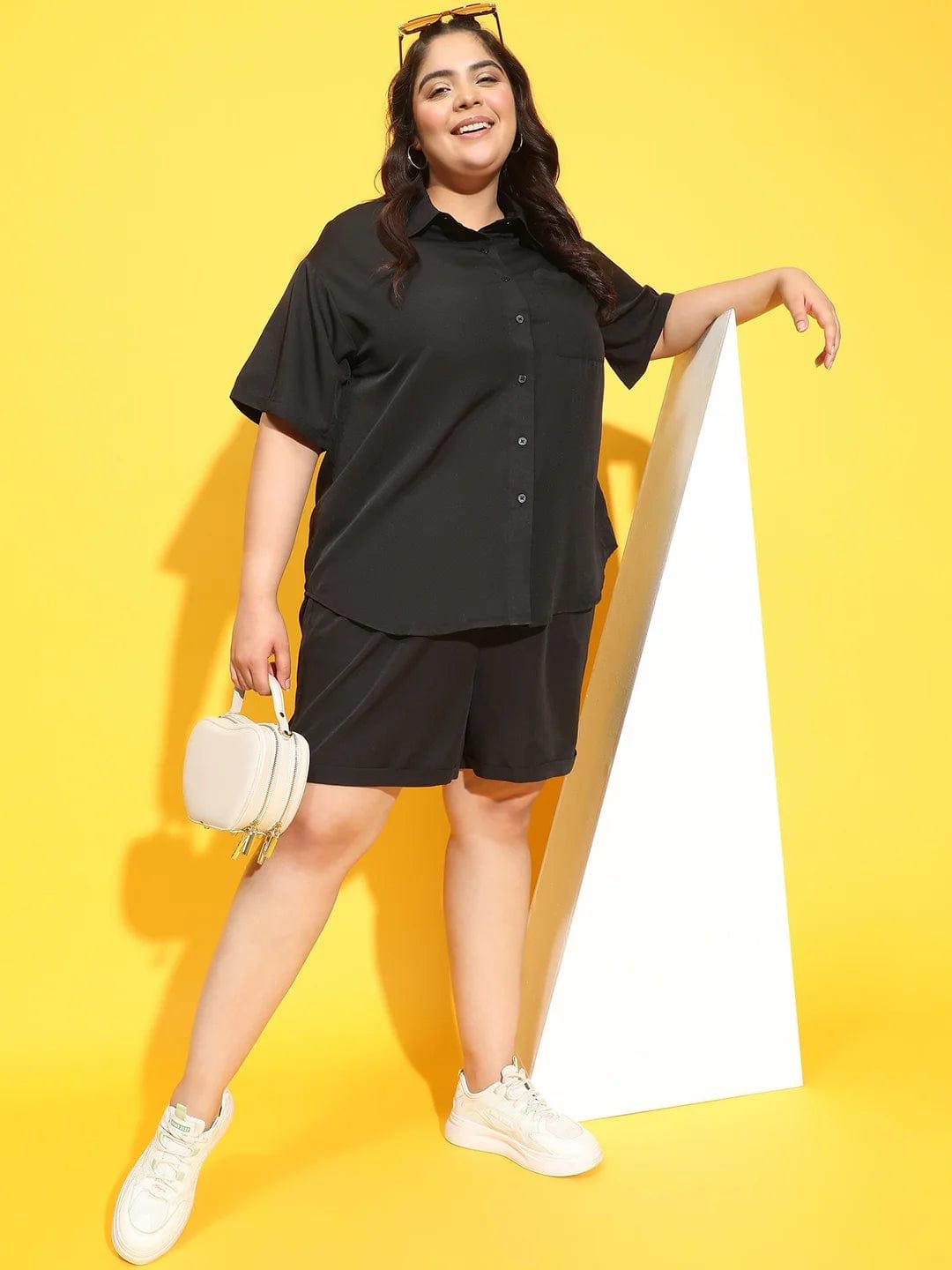 Maven Solid Black Shirt and Shorts Plus Size Co-Ord Set