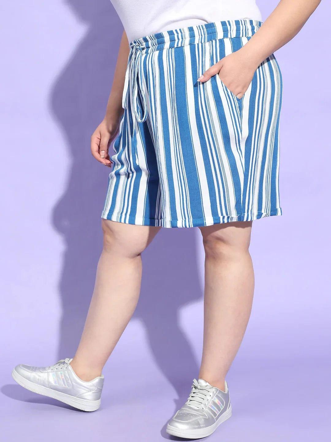 Slight Blue Stripe Print Tie Up Detailing Plus Size Shorts