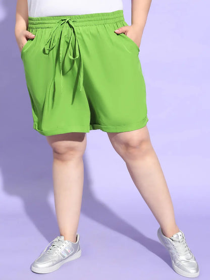 Clear Green Tie Up Detailing Plus Size Shorts