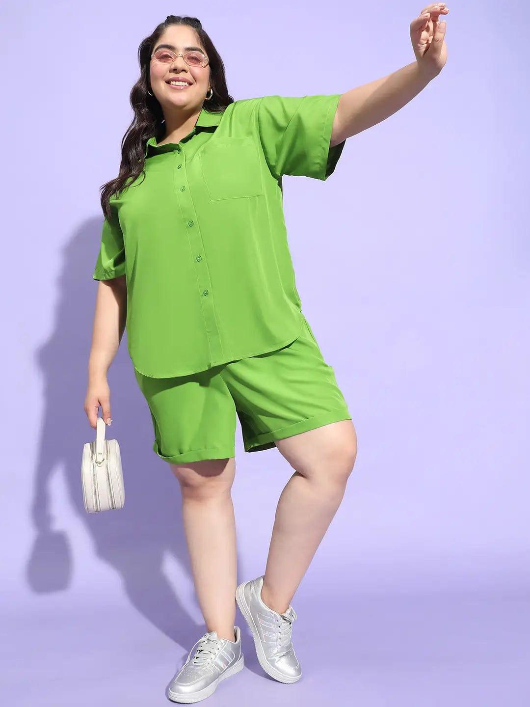 Clear Green Tie Up Detailing Plus Size Shorts