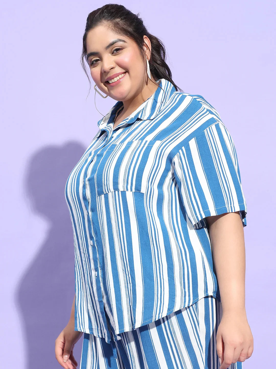 Typical Blue Stripe Print Button Down Plus Size Shirt