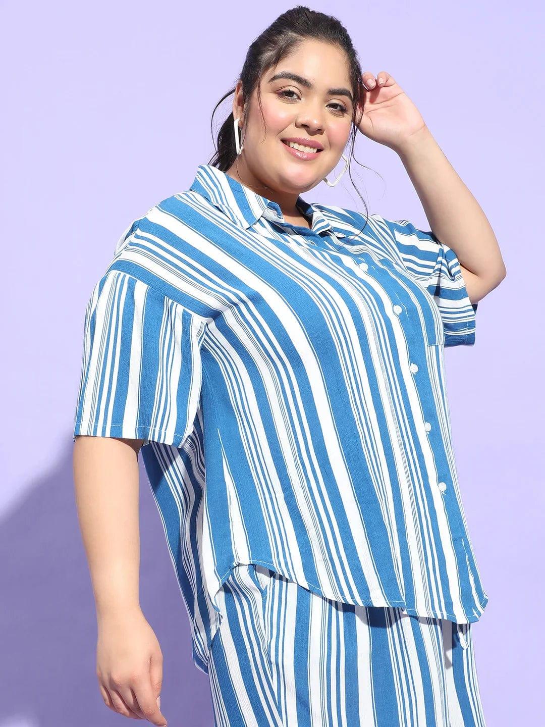 Typical Blue Stripe Print Button Down Plus Size Shirt