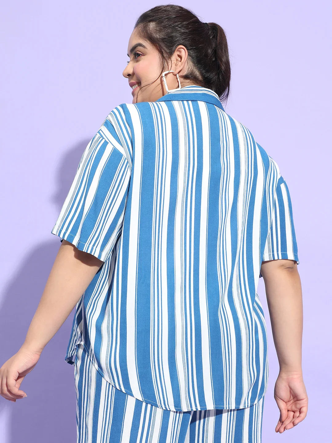 Typical Blue Stripe Print Button Down Plus Size Shirt