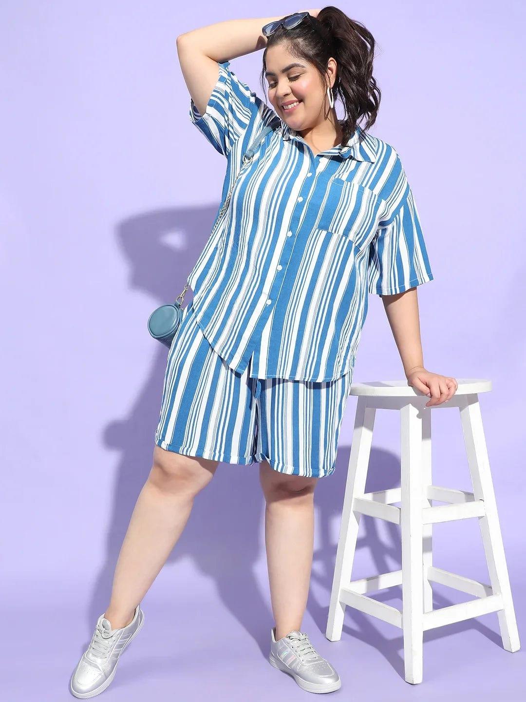 Typical Blue Stripe Print Button Down Plus Size Shirt