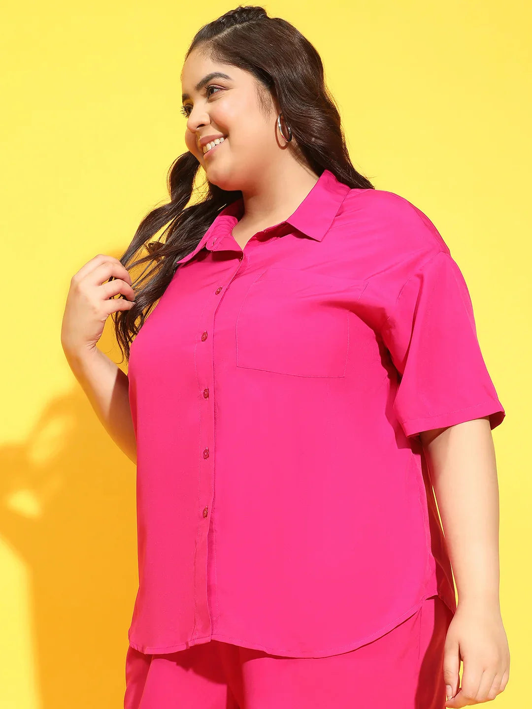 Exotic Pink Button Down Short Sleeve Plus Size Shirt