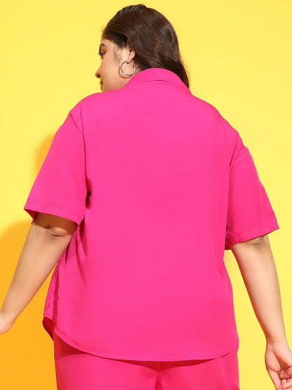 Exotic Pink Button Down Short Sleeve Plus Size Shirt