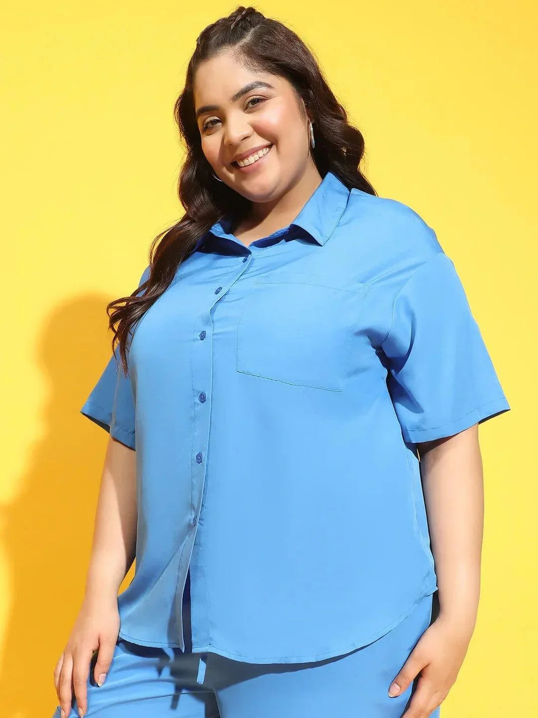 Wondrous Blue Button Down Short Sleeve Plus Size Shirt - oxolloxo