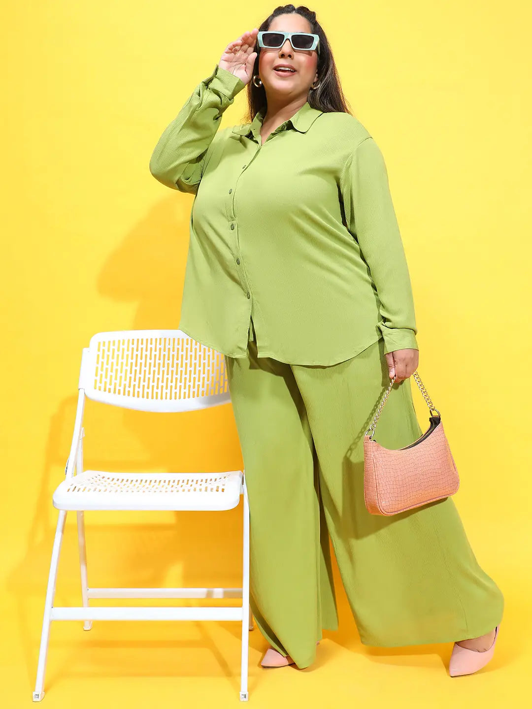 Imagine Green Casual Shirt and Pant Plus Size Set