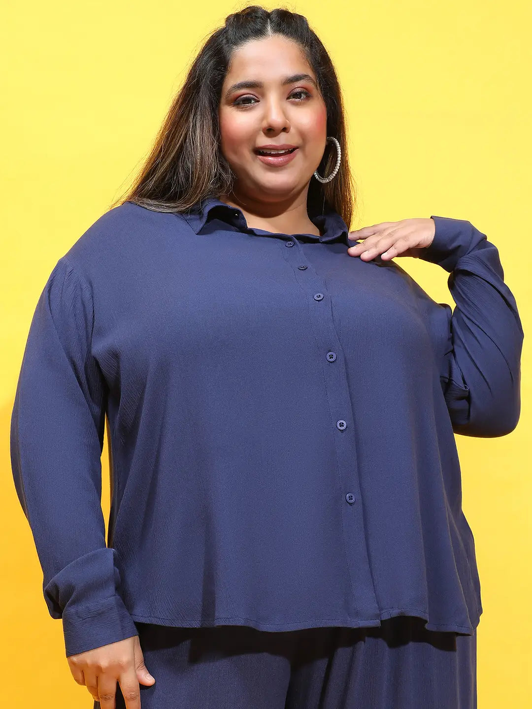 Loaded Navy Blue Collared Long Sleeve Plus Size Shirt