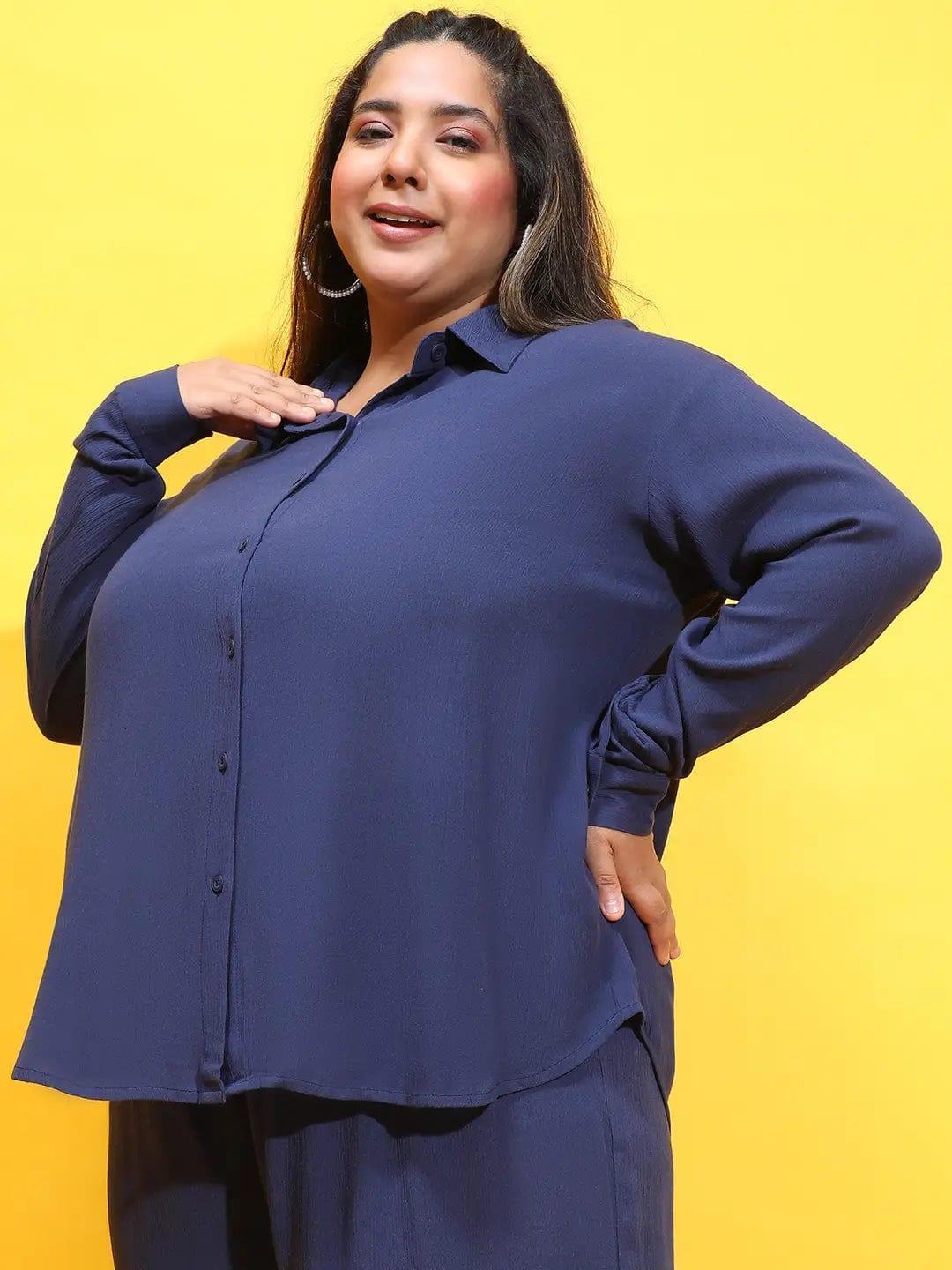 Loaded Navy Blue Collared Long Sleeve Plus Size Shirt