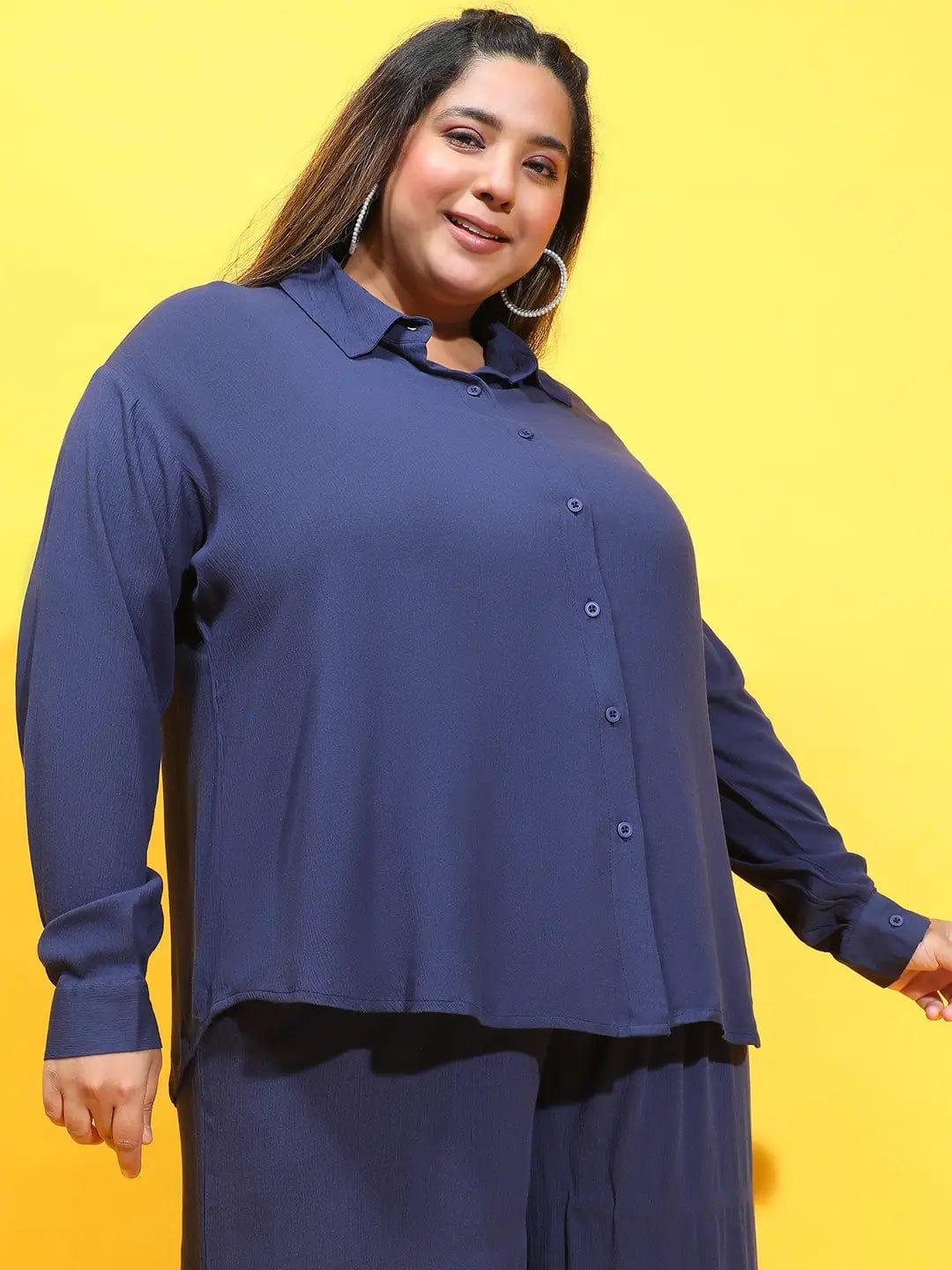 Loaded Navy Blue Collared Long Sleeve Plus Size Shirt