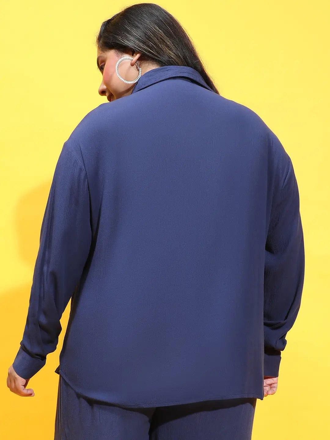 Loaded Navy Blue Collared Long Sleeve Plus Size Shirt