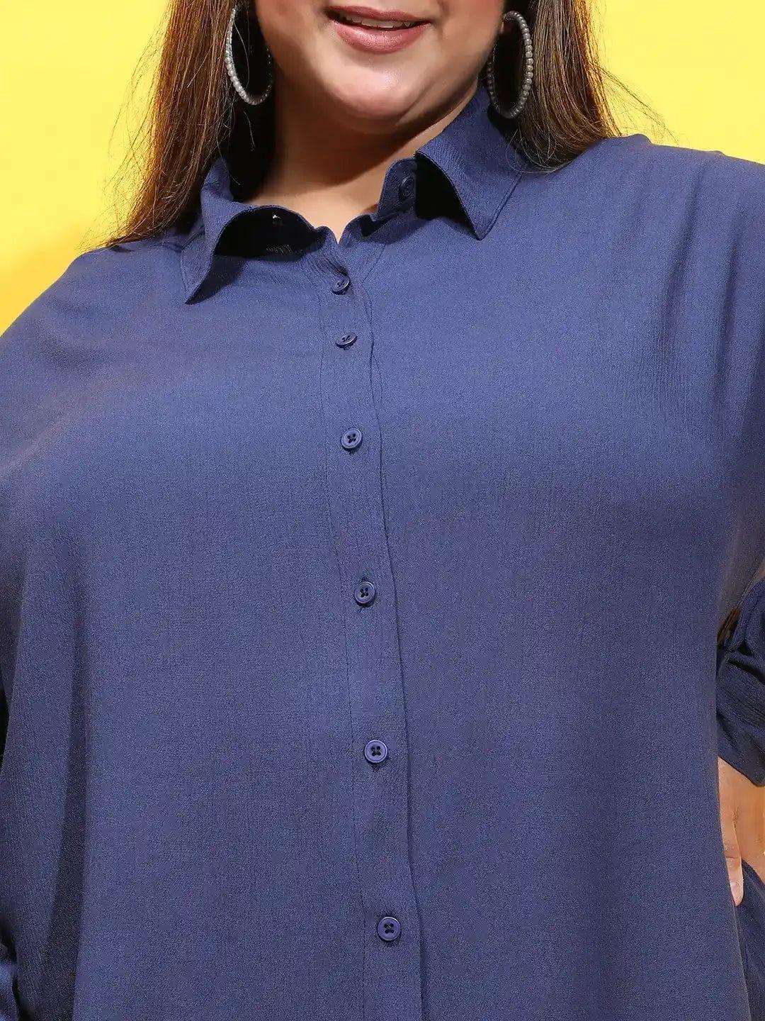 Loaded Navy Blue Collared Long Sleeve Plus Size Shirt