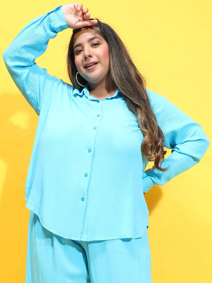 Joyous Blue Collared Long Sleeve Plus Size Shirt