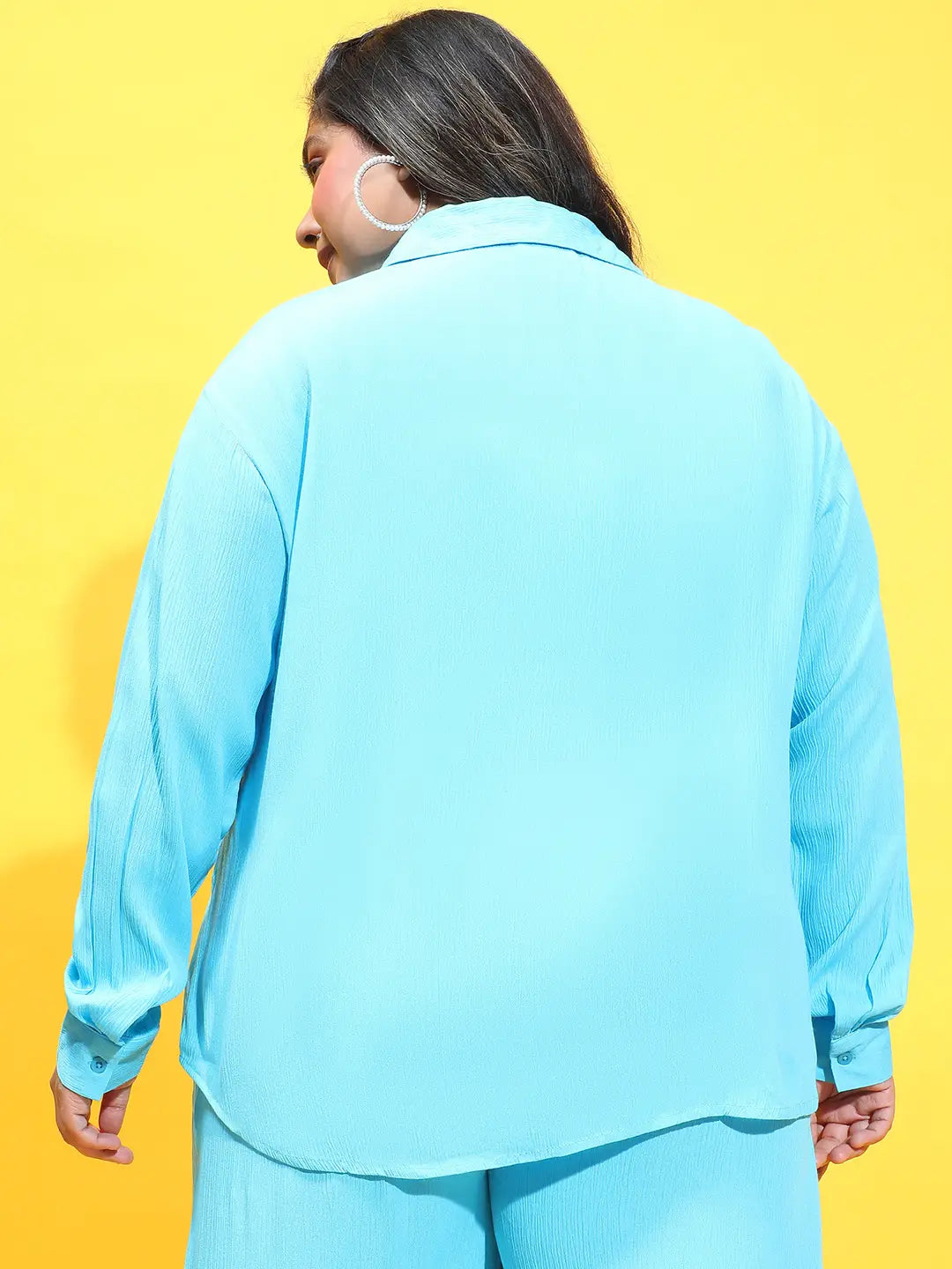 Joyous Blue Collared Long Sleeve Plus Size Shirt