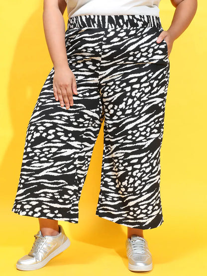 Trendy Black Animal Print Elasticated Plus Size Culottes