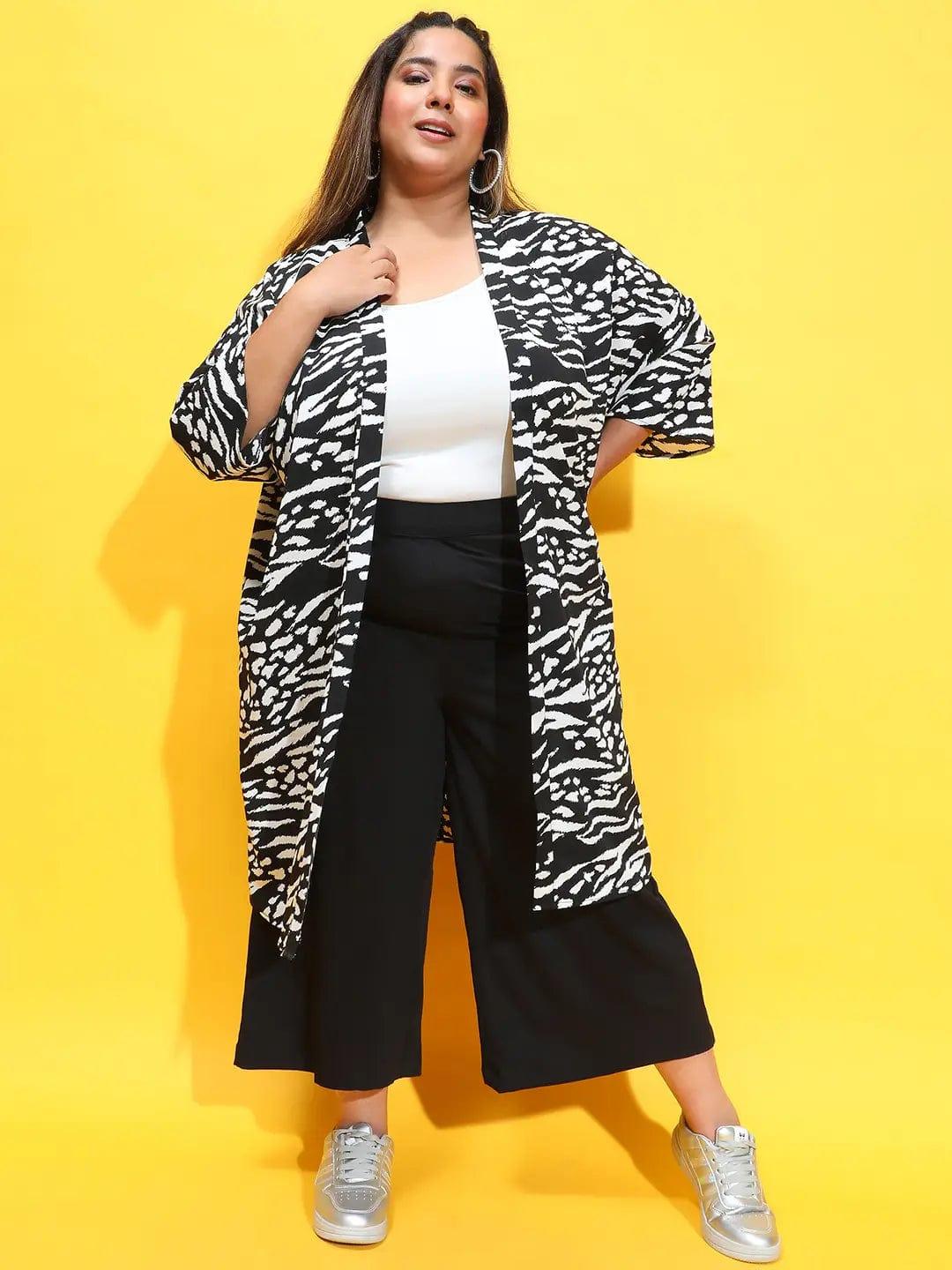 Black Animal Printed Open Collar Plus Size Snaky Shrug