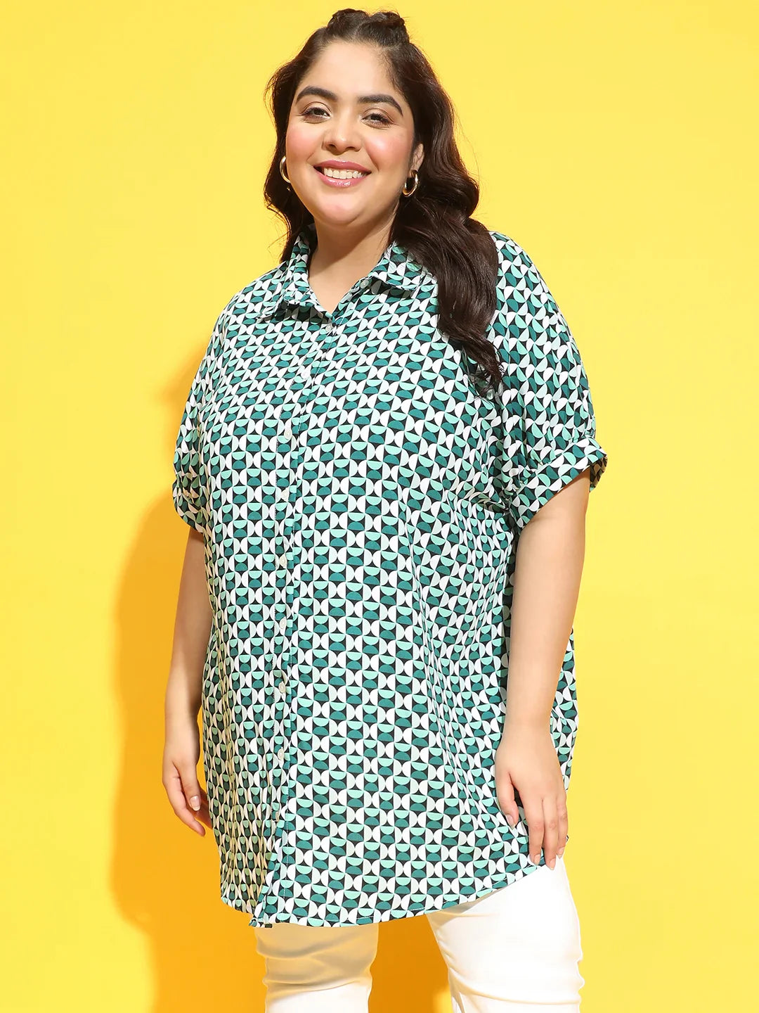 Newly Green Check Print Baggy Style Plus Size Shirt