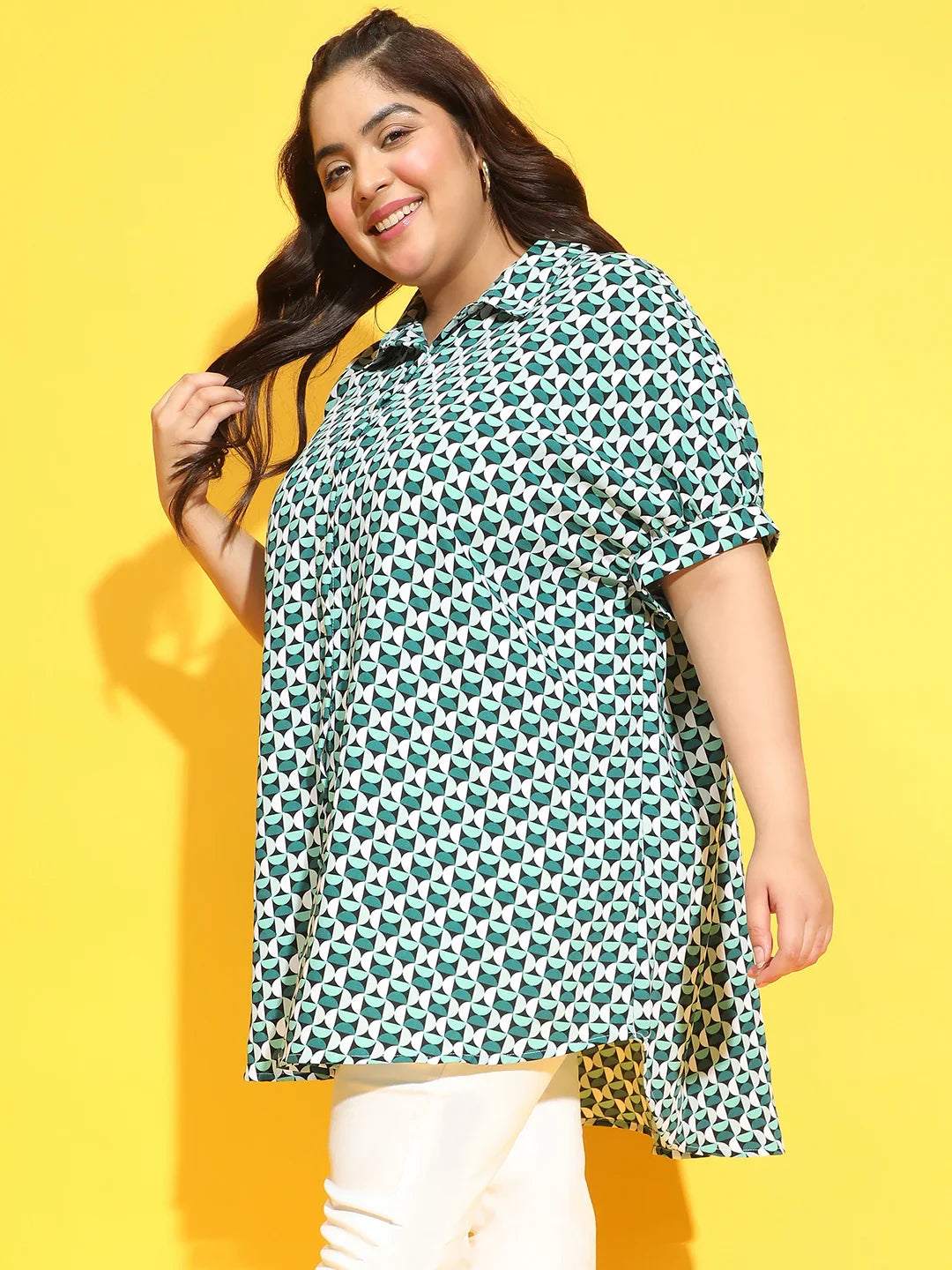 Newly Green Check Print Baggy Style Plus Size Shirt