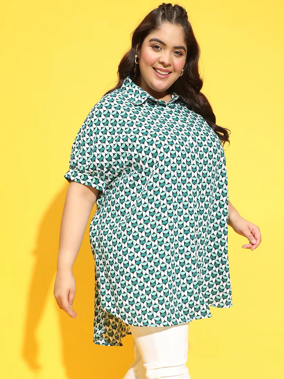 Newly Green Check Print Baggy Style Plus Size Shirt