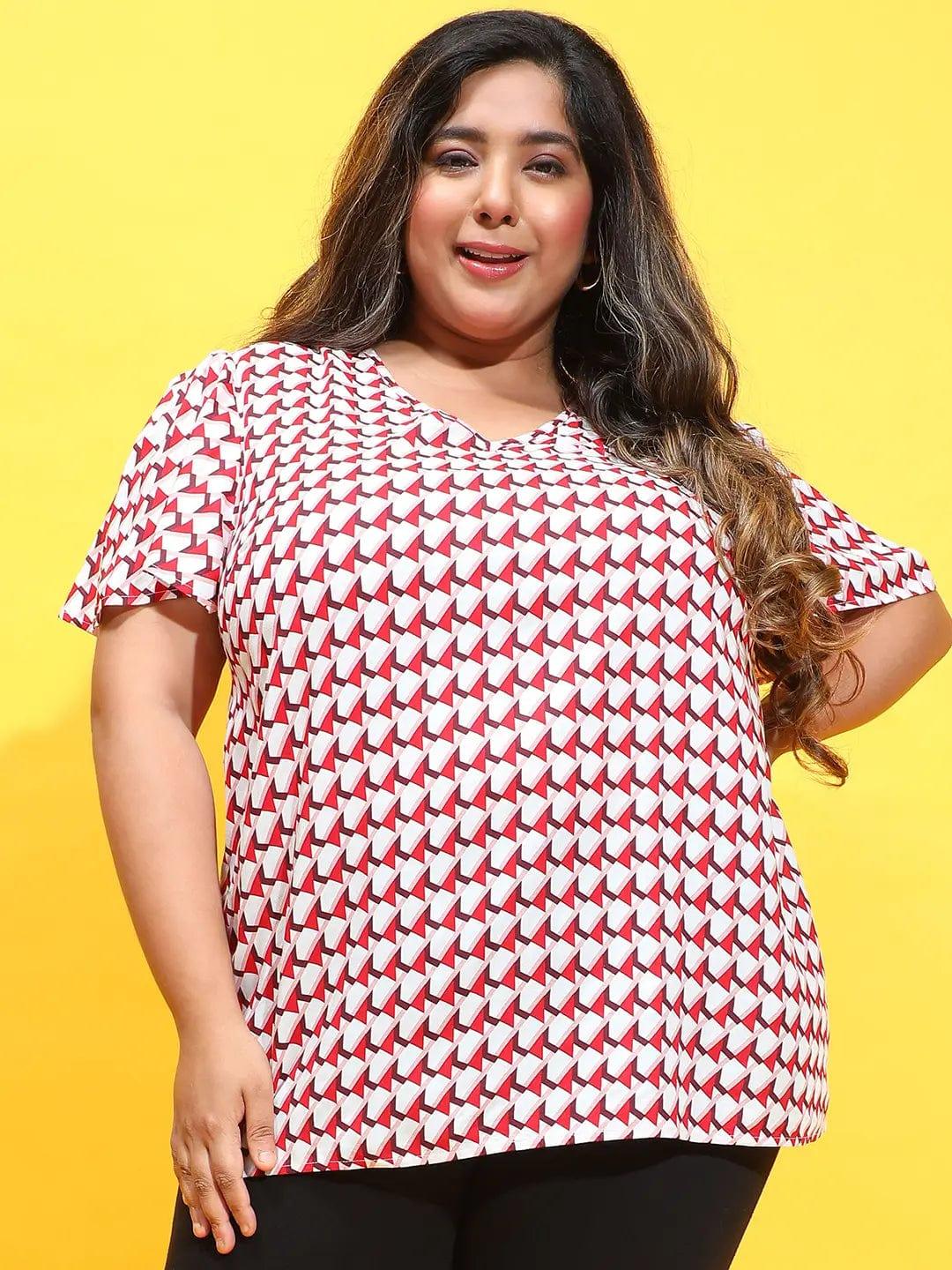 Gloss Red Check Print Short Sleeve Plus Size Loopy Top